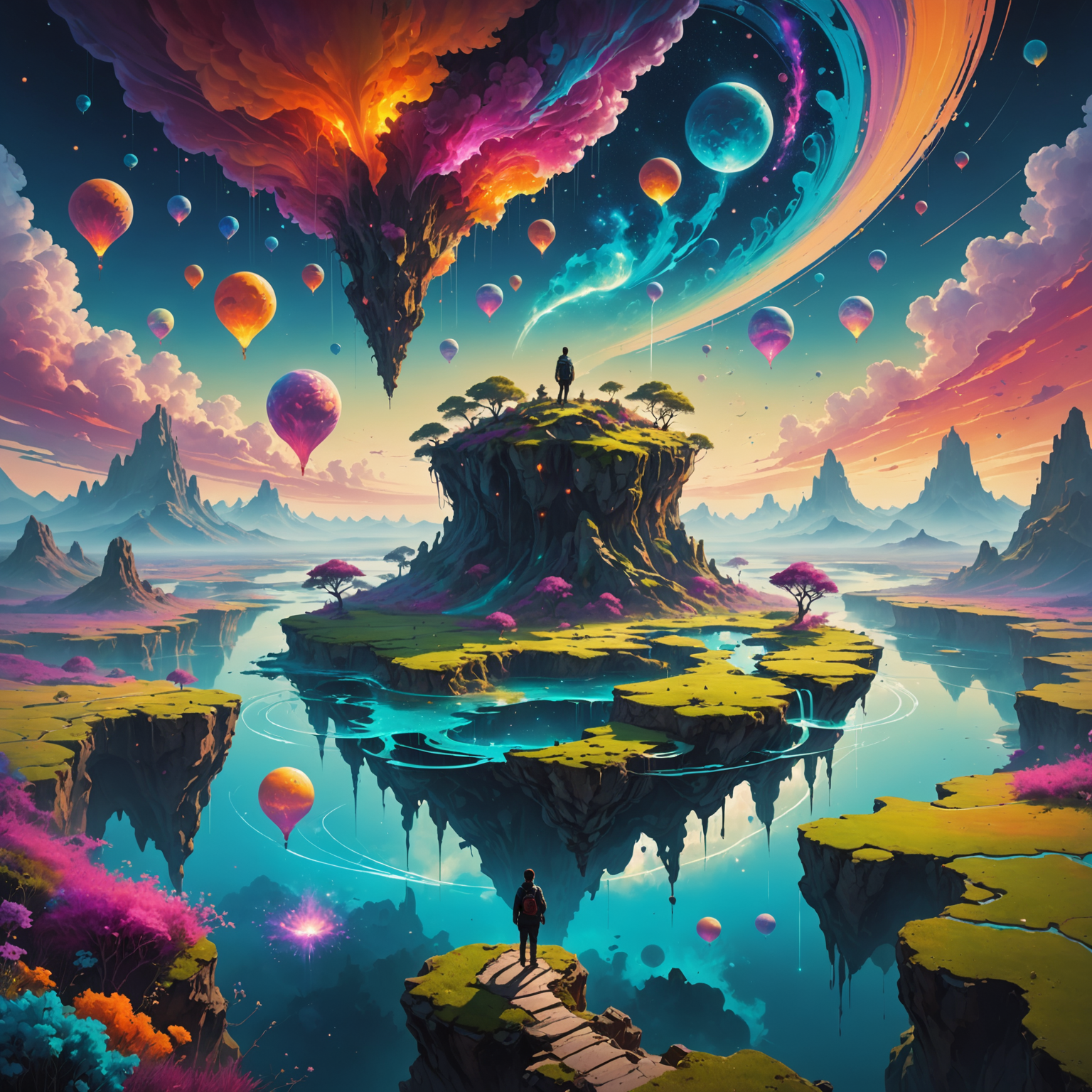 A surreal, dreamlike landscape with floating islands, glowing particles, and a person standing on the edge looking out towards a horizon filled with vibrant, swirling colors and shapes that seem to be morphing and evolving.