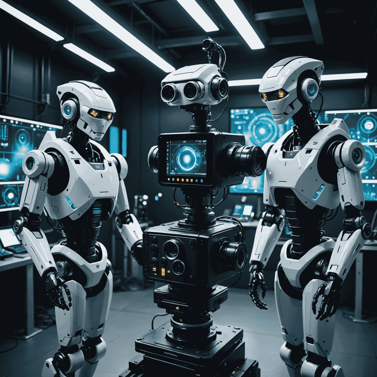 A futuristic film set with robots operating cameras and AI interfaces controlling lighting and special effects. The image showcases a blend of traditional filmmaking equipment with holographic displays and automated systems.