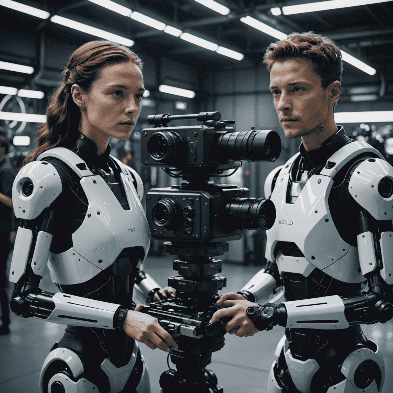 A futuristic film set with robotic cameras and AI-powered equipment, showcasing the integration of artificial intelligence in modern cinematography