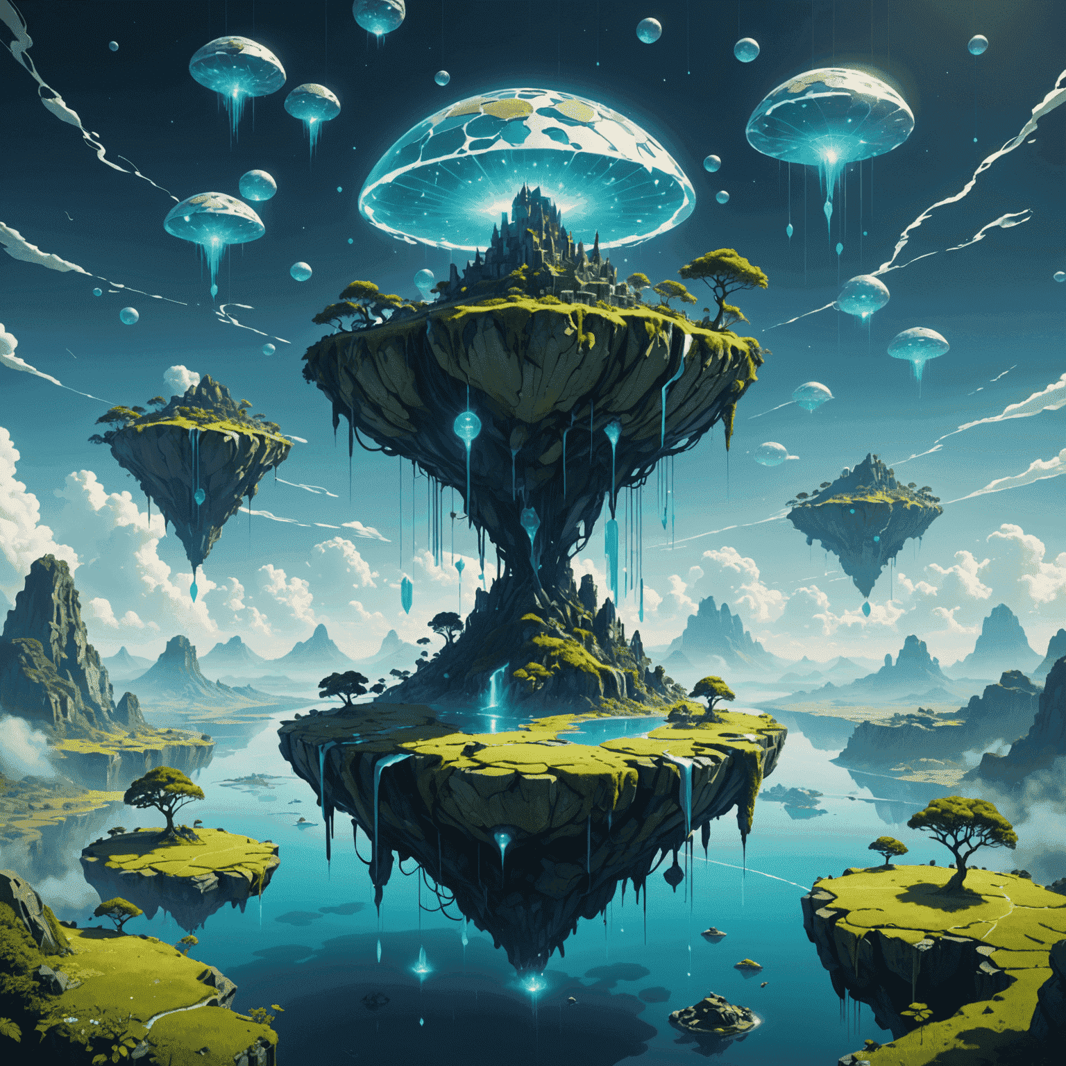 A surreal landscape with floating islands, glowing script pages, and ethereal AI entities weaving stories in the air
