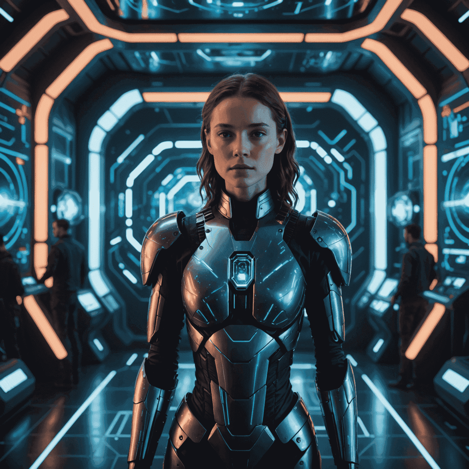 A futuristic movie set with holographic screens displaying AI-generated visual effects. Filmmakers are interacting with the AI system, manipulating stunning cosmic landscapes and fantastical creatures that seem to come alive.