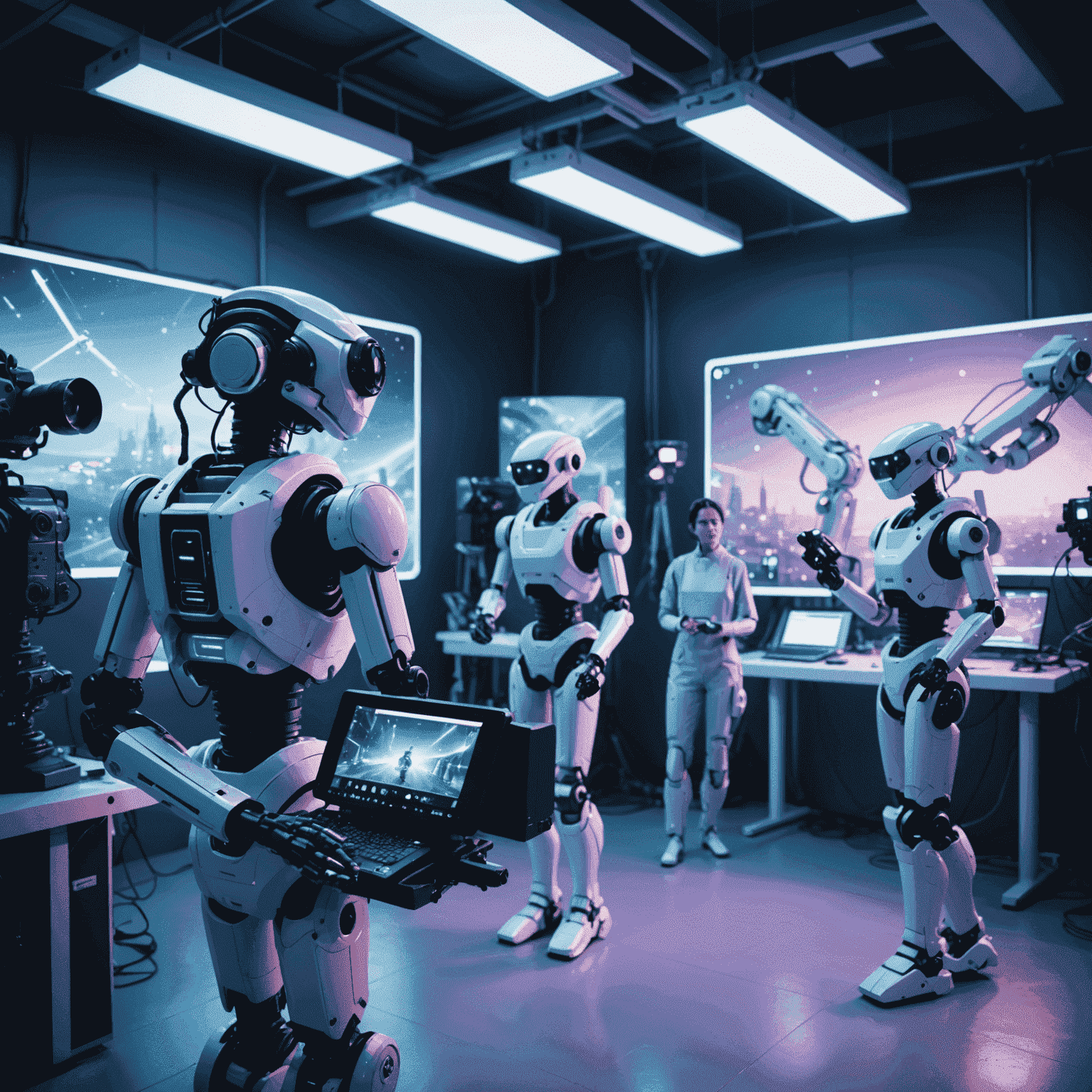 A futuristic film set with robotic arms holding cameras and lights, while a holographic AI director oversees the scene. The image should have a dreamy, ethereal quality with soft blue and lavender hues.