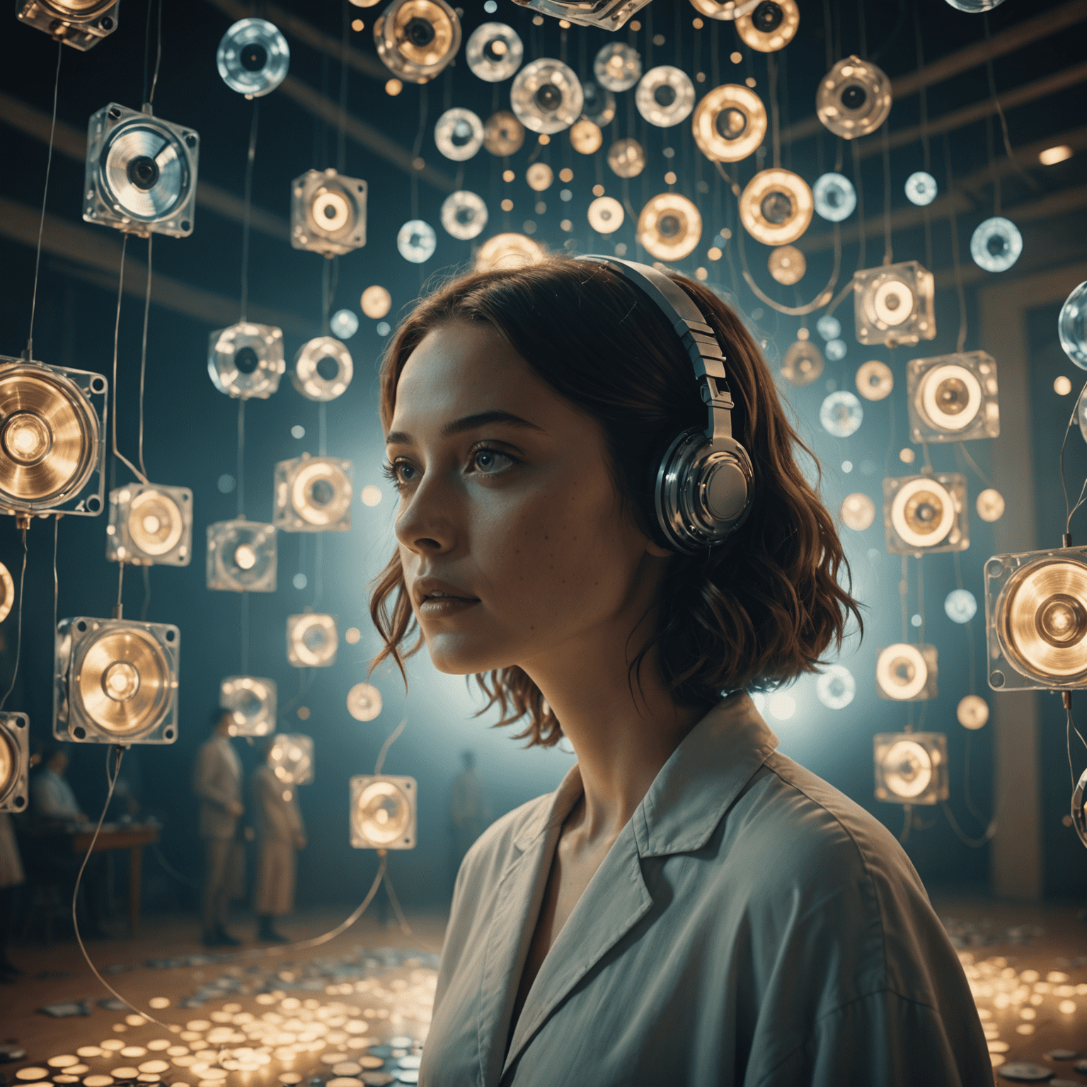 A surreal, dreamlike image showing a blend of human and AI-generated film scenes, with ethereal light and floating film reels