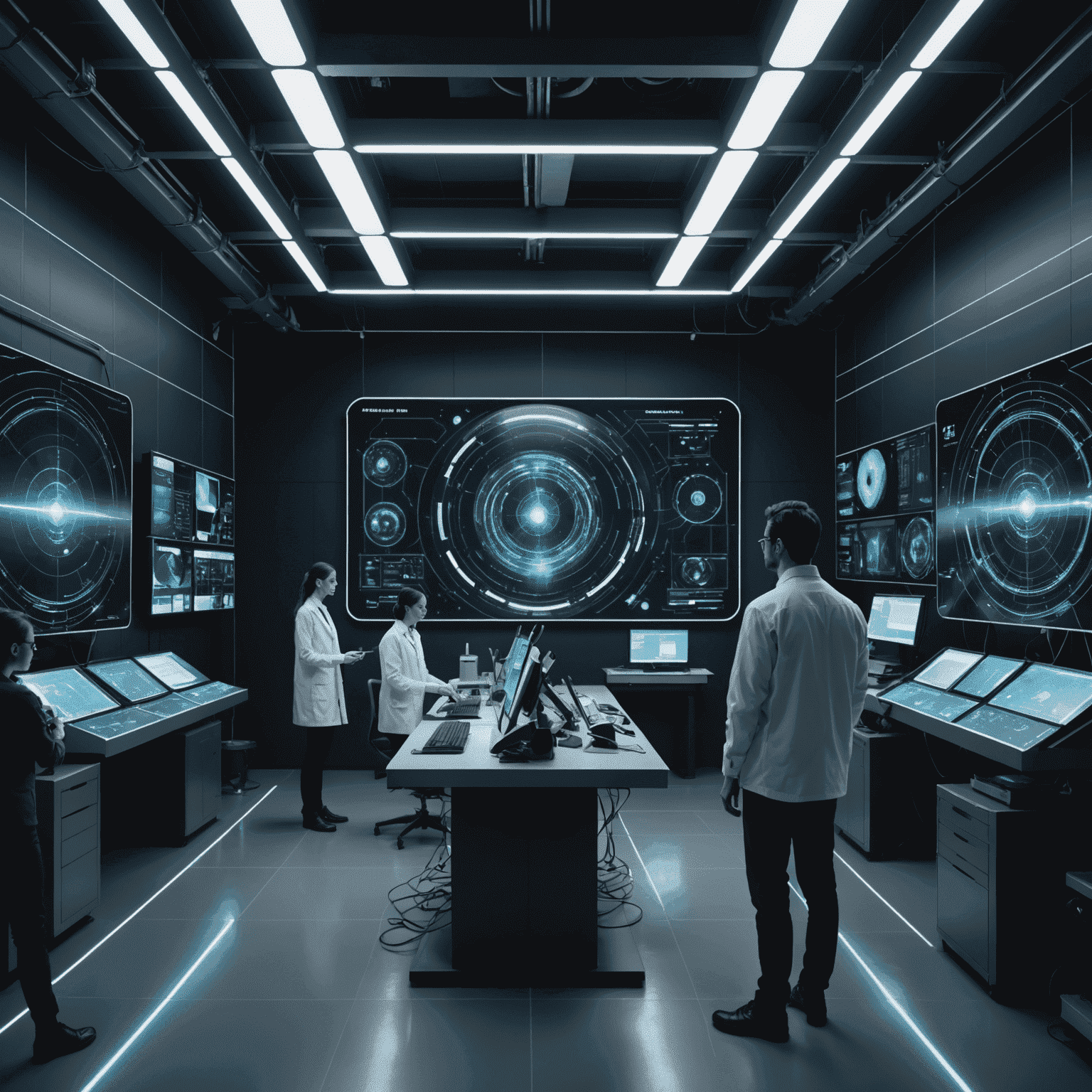A futuristic AI laboratory with holographic displays showing various stages of video generation. Scientists and artists collaborate, manipulating ethereal, glowing strands of data that form into beautiful, abstract visual sequences.
