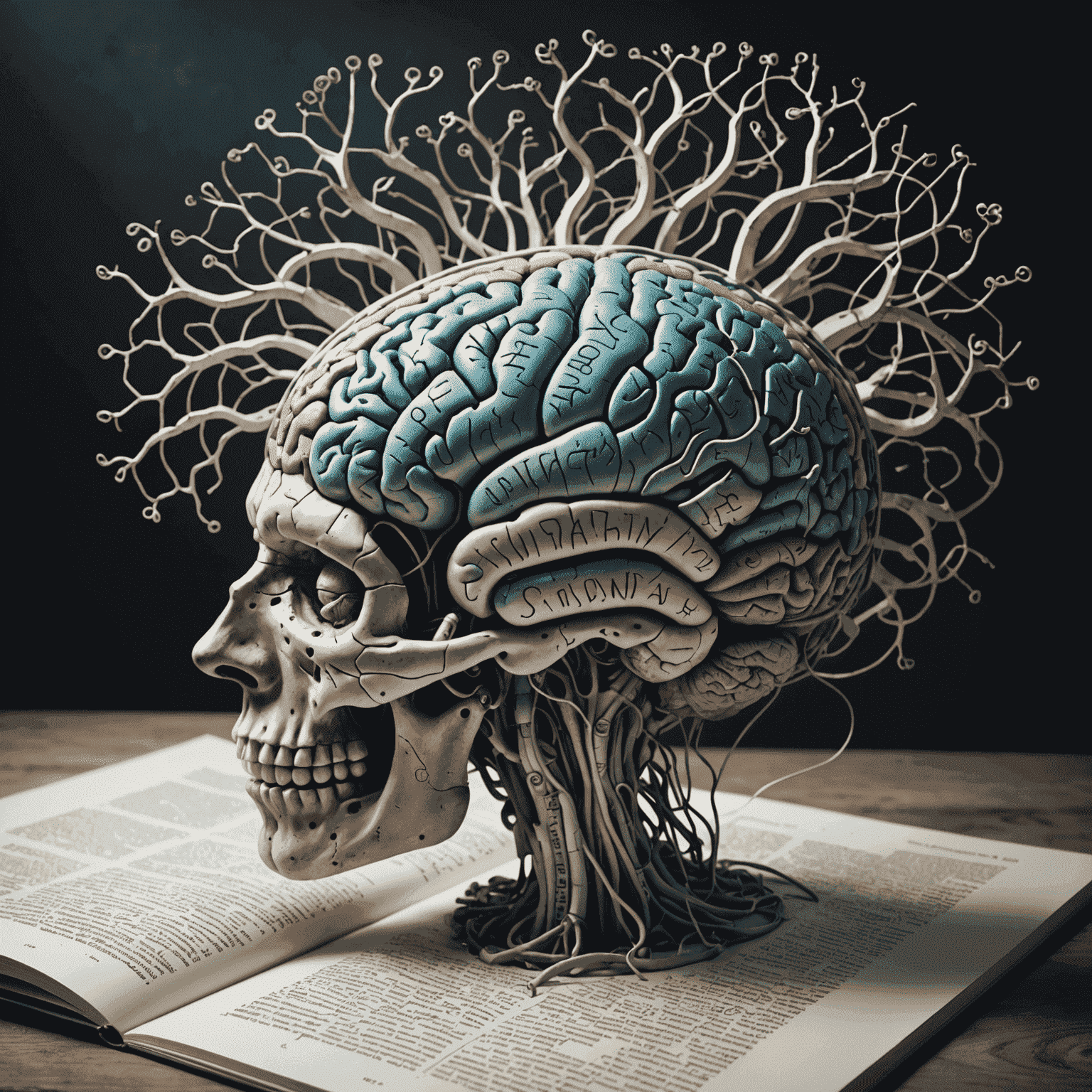 A surreal image of a human brain connected to a computer, with streams of text and visual scenes flowing between them. Dream-like imagery and script pages float around, symbolizing the transformation of abstract thoughts into concrete storytelling elements.