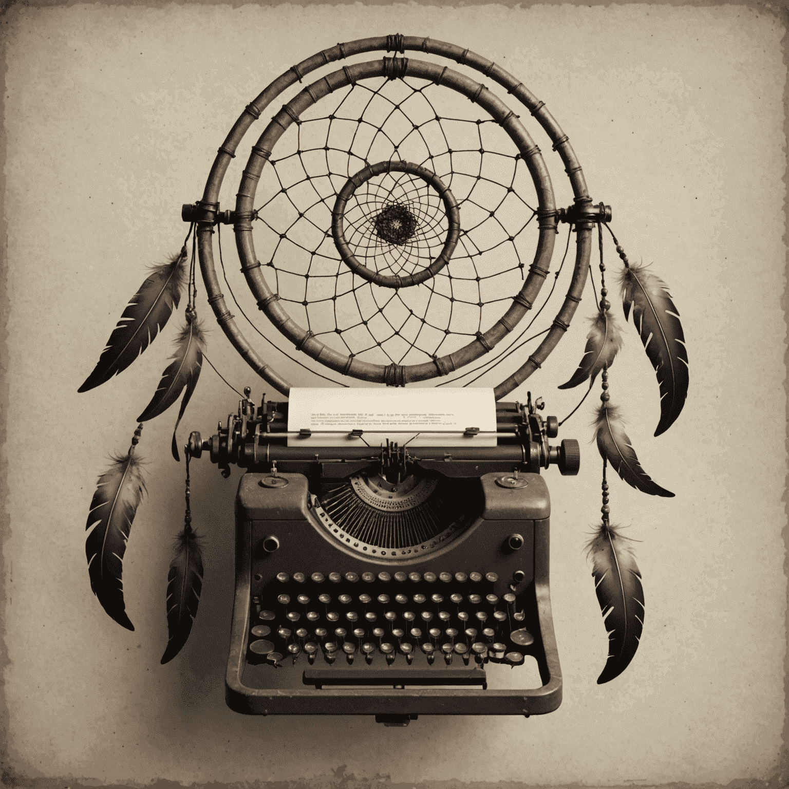 A dreamcatcher transforming into a typewriter, symbolizing the conversion of abstract ideas into concrete screenplays through AI assistance.
