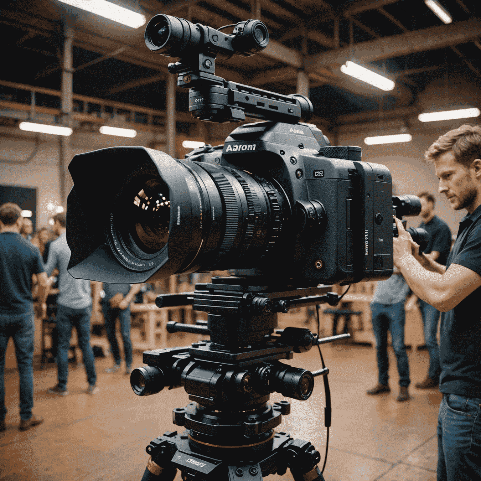 An AI-powered camera rig automatically adjusting to capture a complex action sequence, with a digital interface showing real-time shot suggestions
