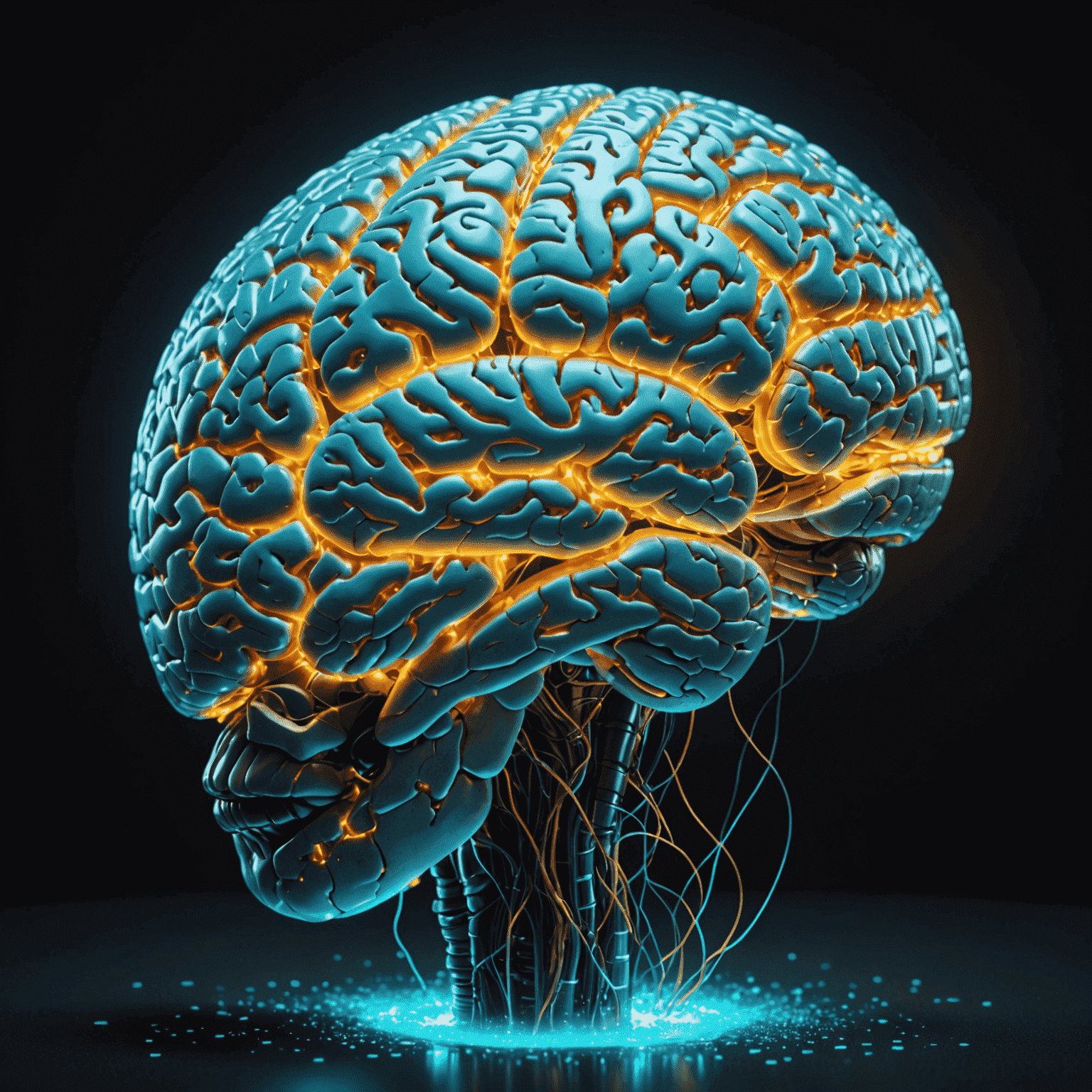 A holographic brain with synapses lighting up, transforming into a flowing river of cinematic scenes
