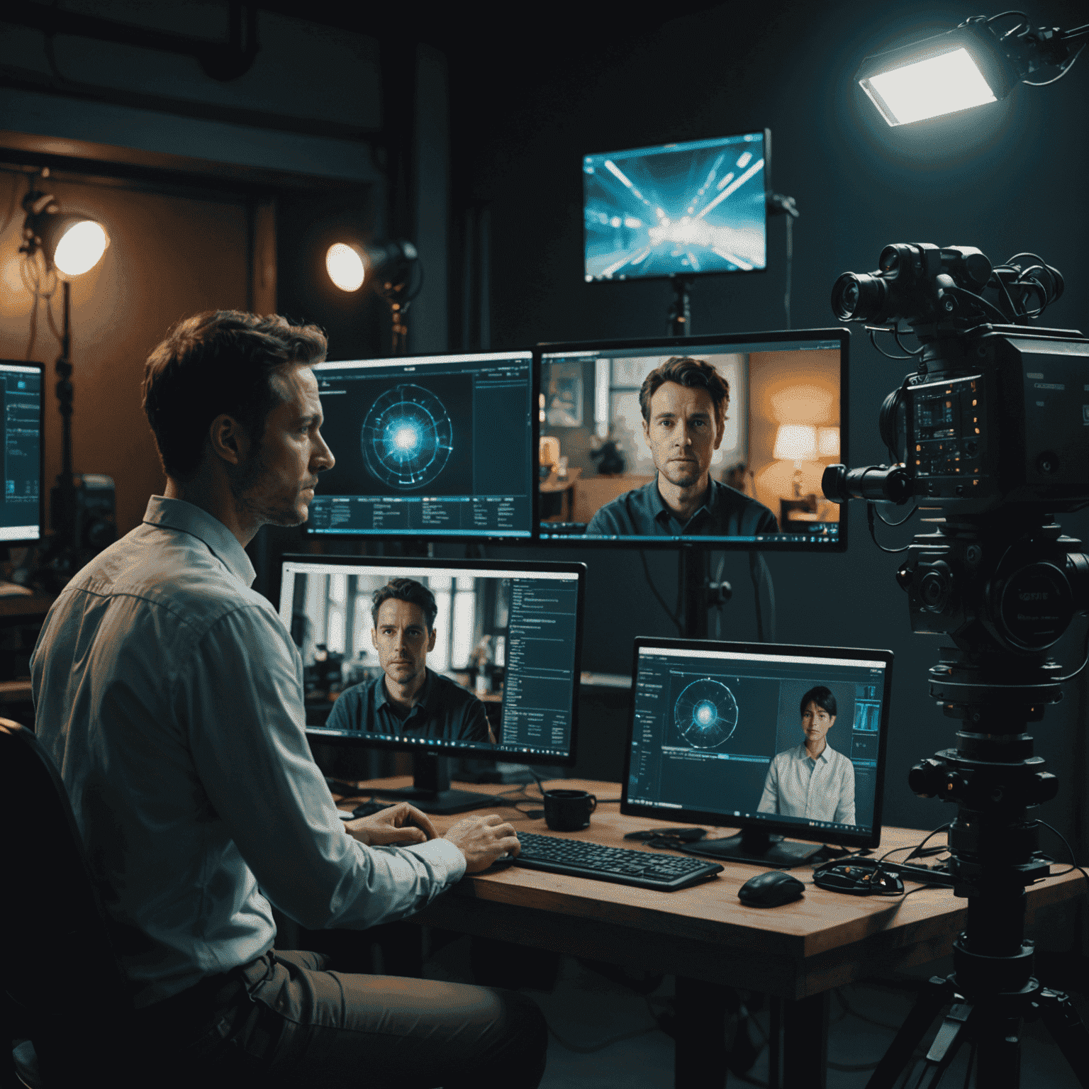 A split-screen image showing a human director and an AI interface working side by side on a film set. The human side has warm, natural lighting, while the AI side glows with cool, digital hues.