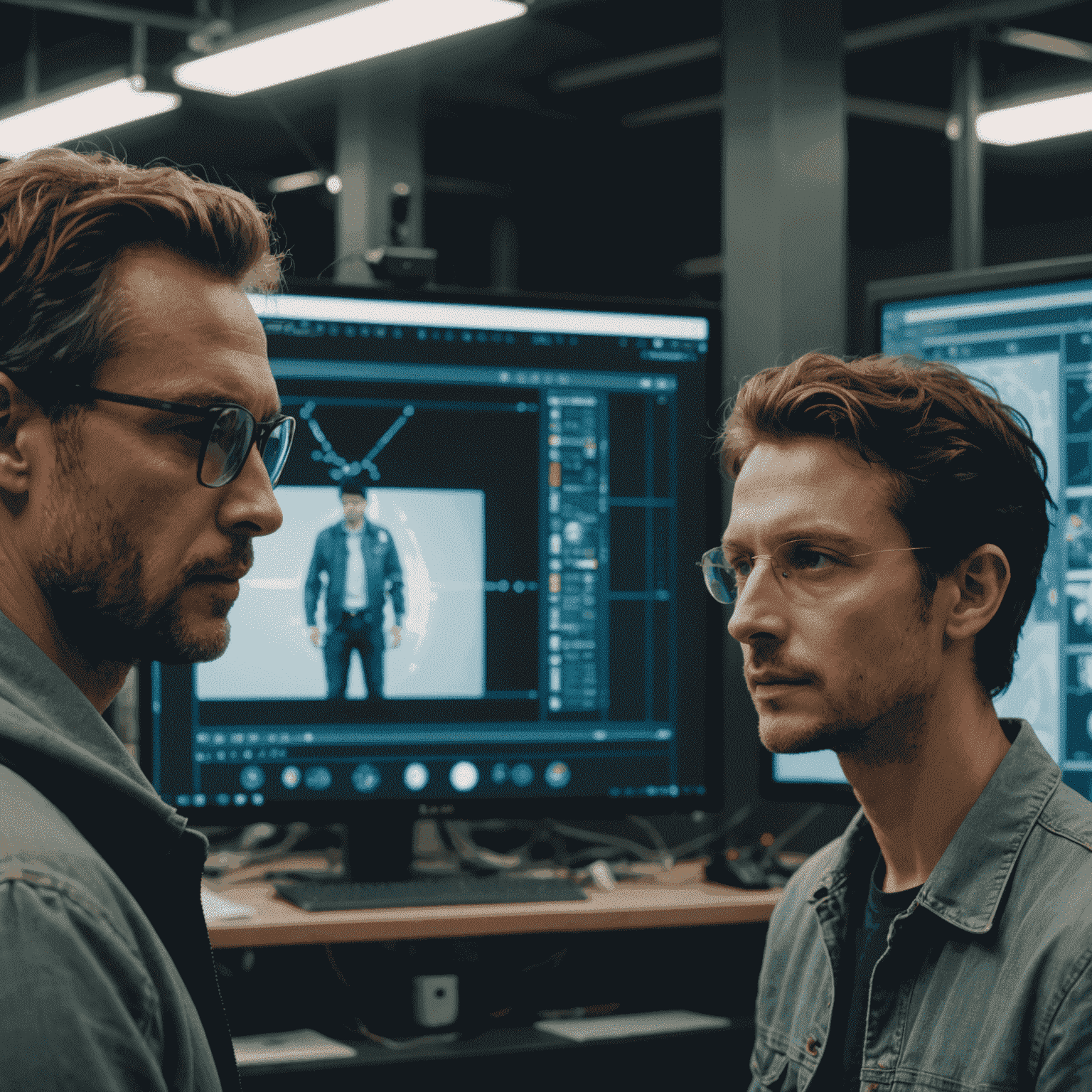 A split-screen image: one side showing a human filmmaker deep in thought, the other showing an AI system generating film scenes, with a translucent barrier between them