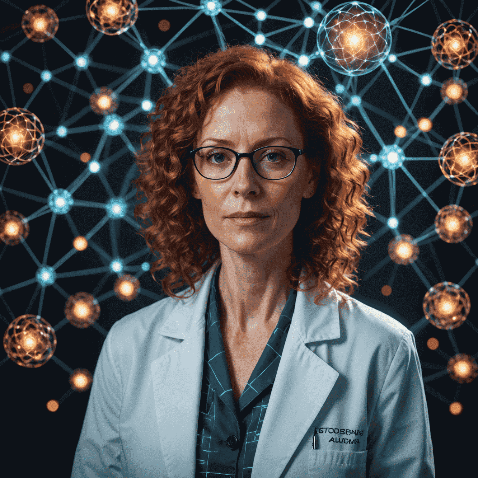A portrait of Dr. Elena Voss, a woman in her mid-40s with curly red hair and glasses, wearing a lab coat. She has a warm, intelligent expression and is surrounded by holographic projections of neural networks.