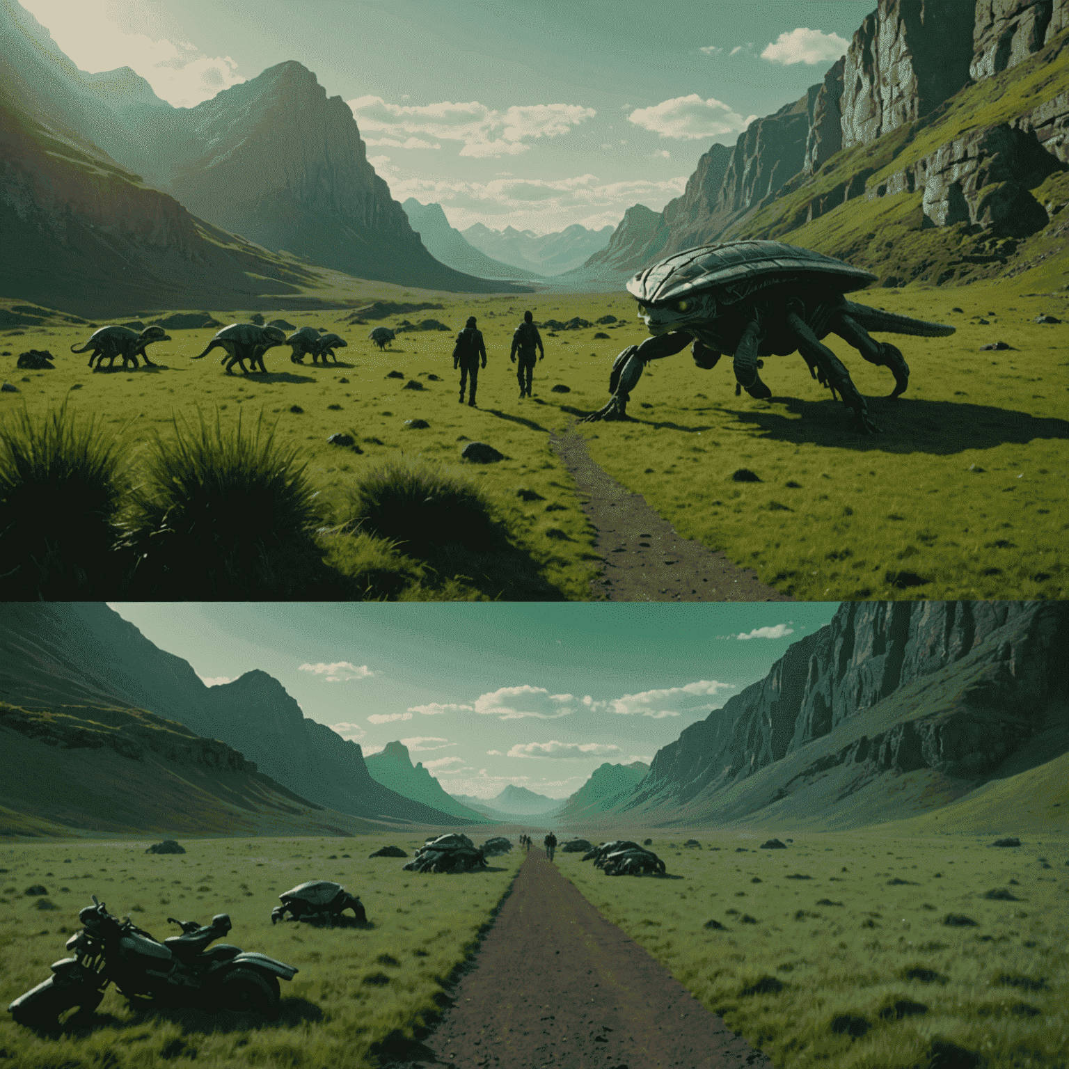 A split-screen image showing a before and after of a movie scene. The 'before' side shows a green screen set, while the 'after' side reveals a breathtaking alien landscape with impossible creatures, all created by AI. Floating UI elements suggest the AI tools used in the process.