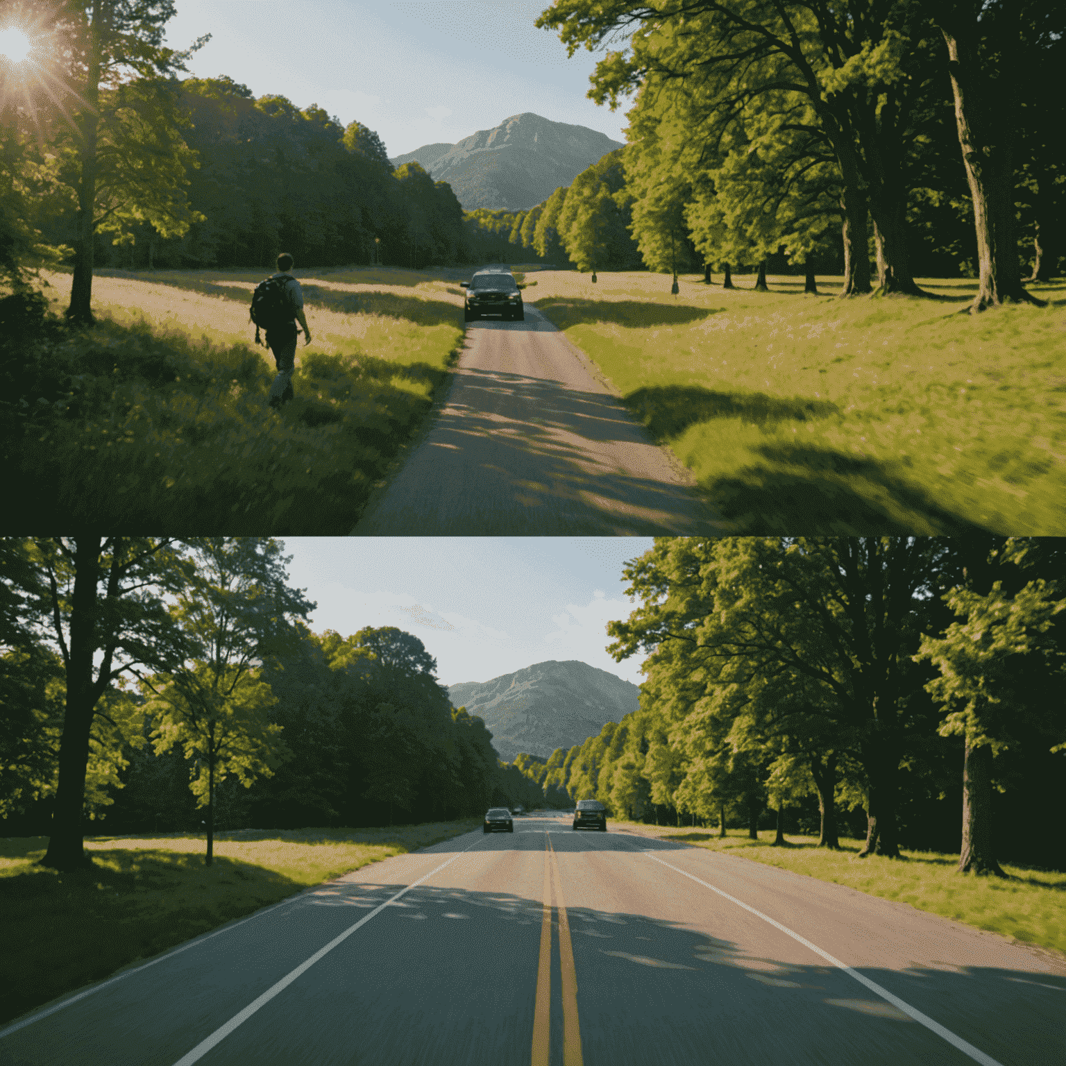 A split-screen image showing a before and after of a movie scene, with the 'after' side featuring spectacular AI-generated visual effects.