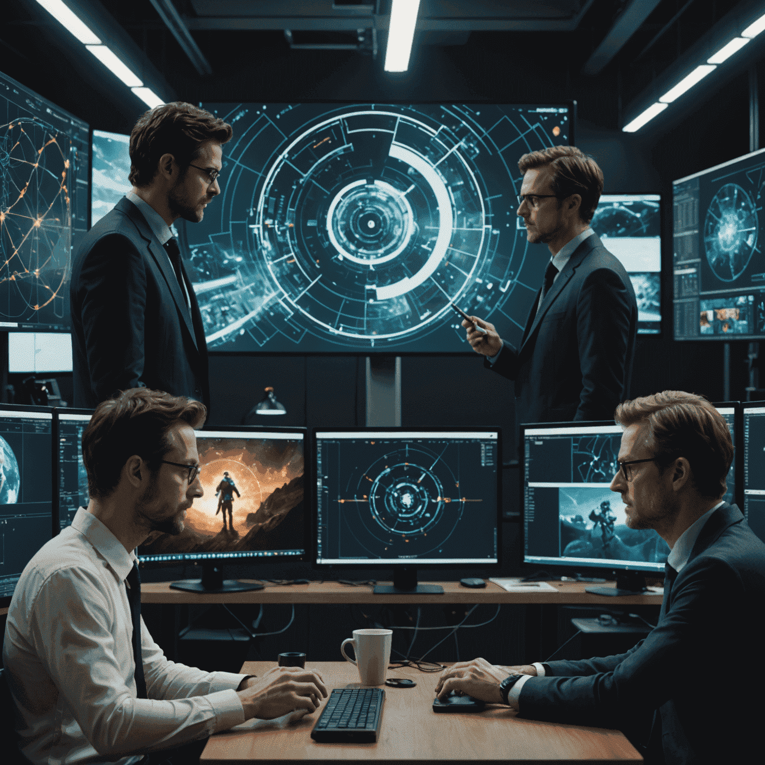 A split-screen image showing a director collaborating with an AI interface to create a complex, surreal scene blending live-action and generated elements