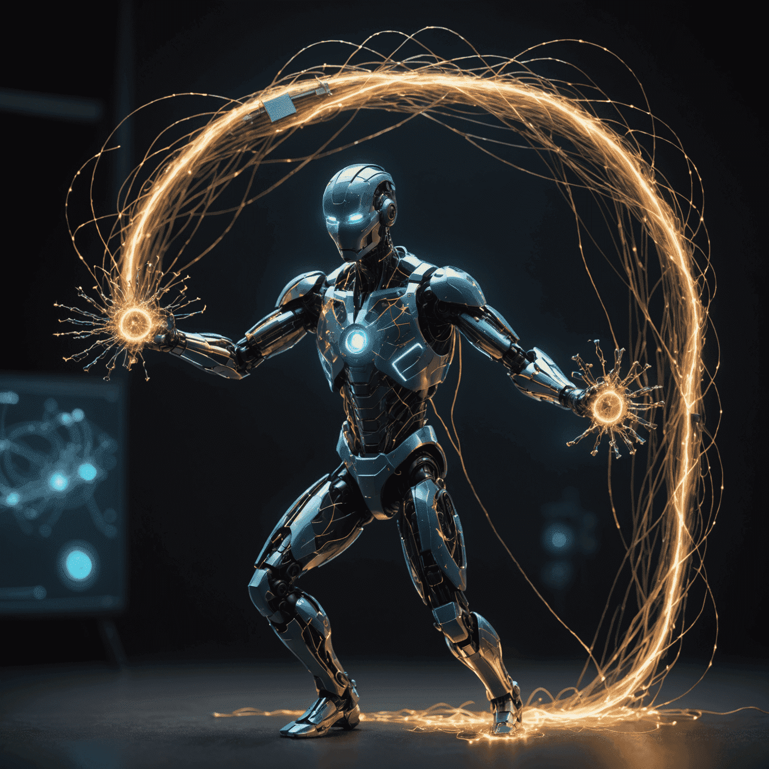 An AI entity crafting a 3D storyboard with glowing threads connecting plot points in mid-air