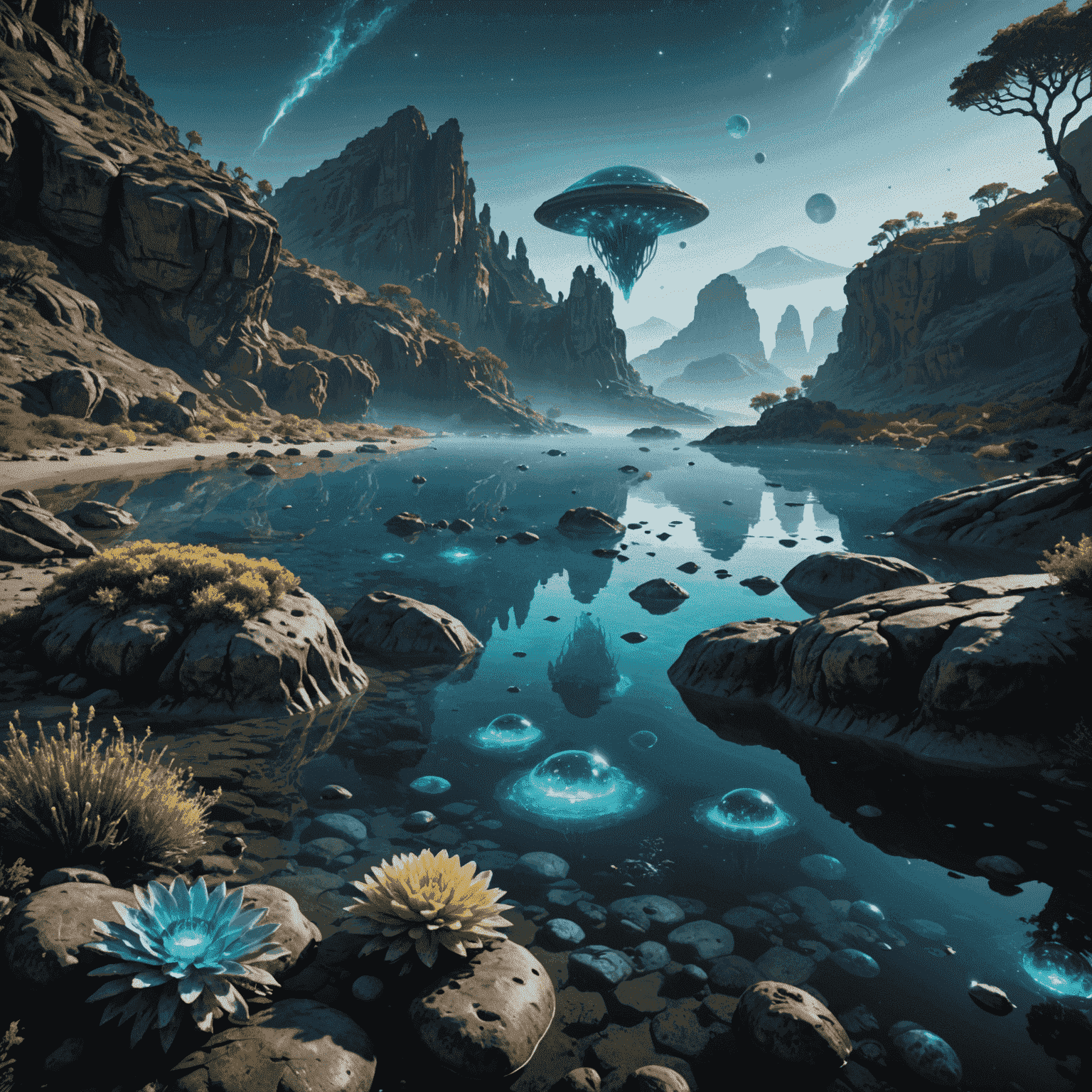 A hyper-realistic alien landscape generated by AI, featuring bioluminescent flora and floating rock formations. The image seamlessly blends photorealistic elements with impossible physics, showcasing the power of generative AI in creating believable yet fantastical environments.