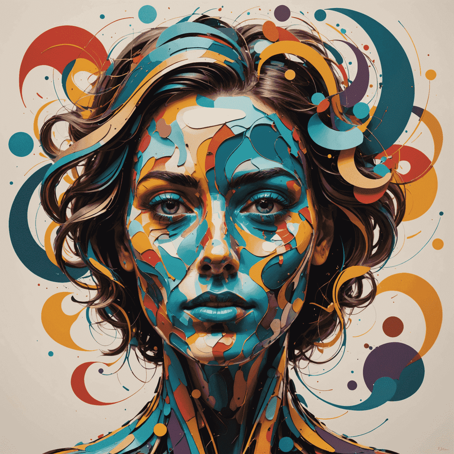An abstract representation of emotions, with swirling colors and shapes emerging from both a human silhouette and an AI-generated face