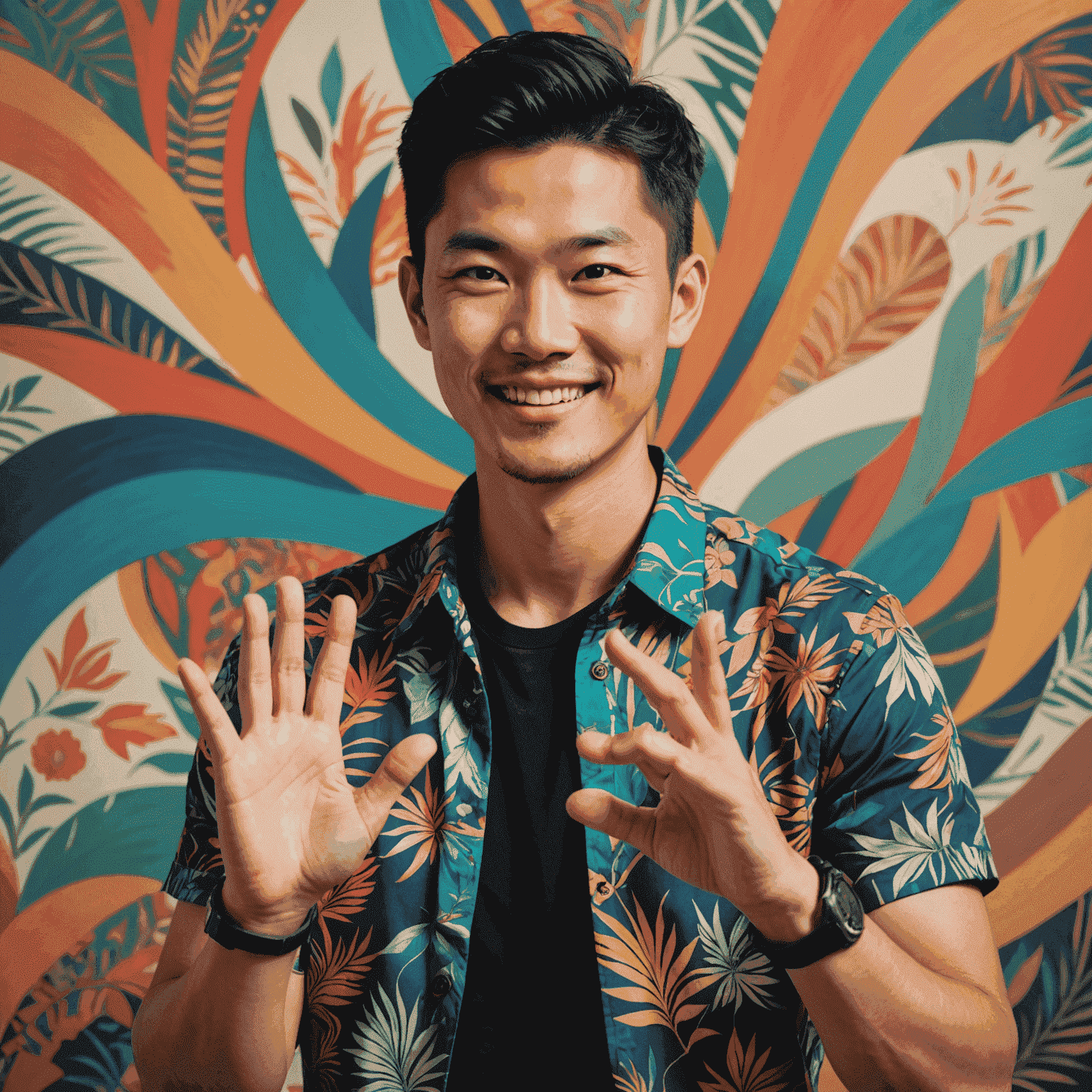 A portrait of Aiden Chen, a man in his early 30s with short black hair and a friendly smile. He's wearing a stylish, colorful shirt and is gesturing towards a large screen displaying intricate, animated designs.
