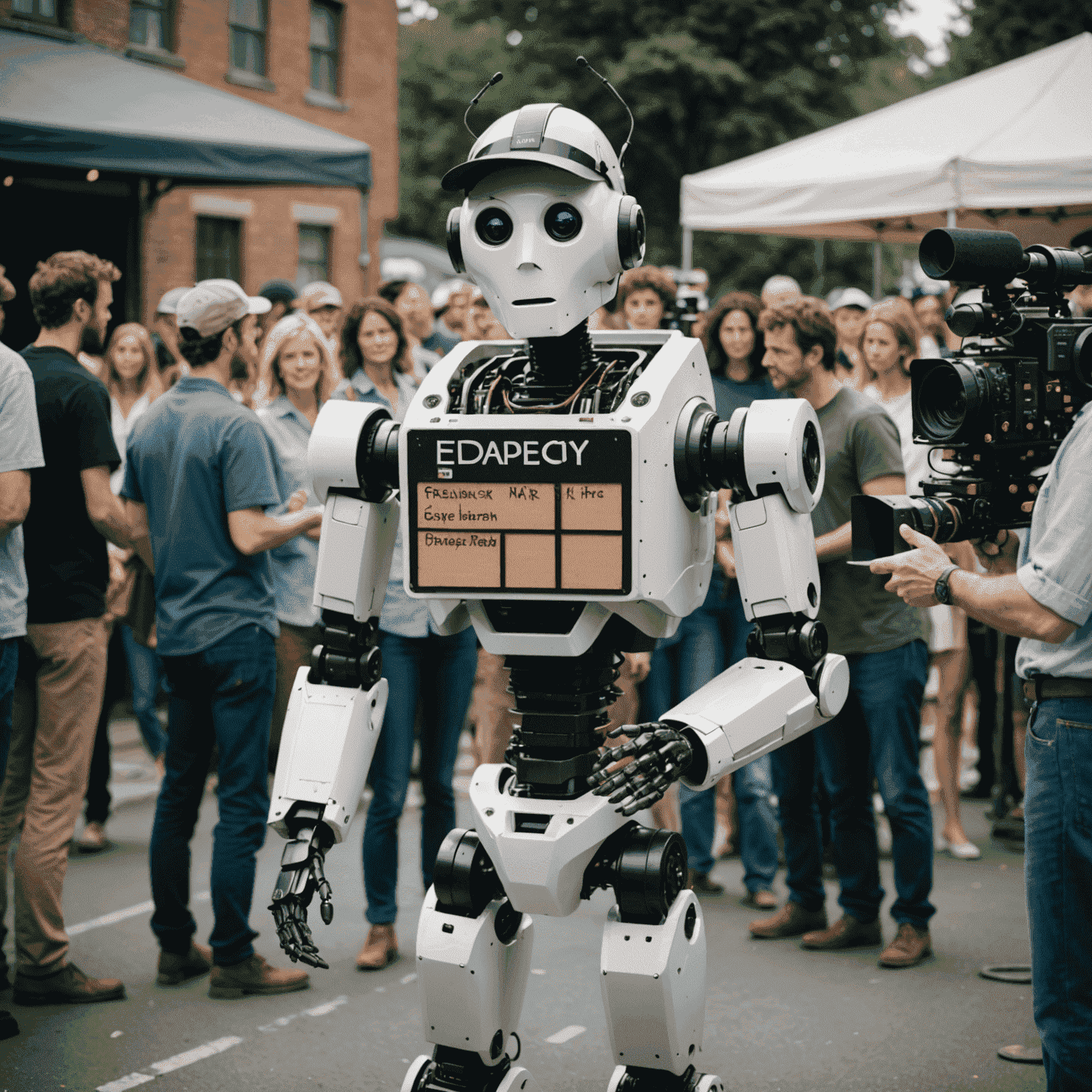 A humanoid robot wearing a director's hat and holding a clapperboard, standing on a film set surrounded by human actors and crew.