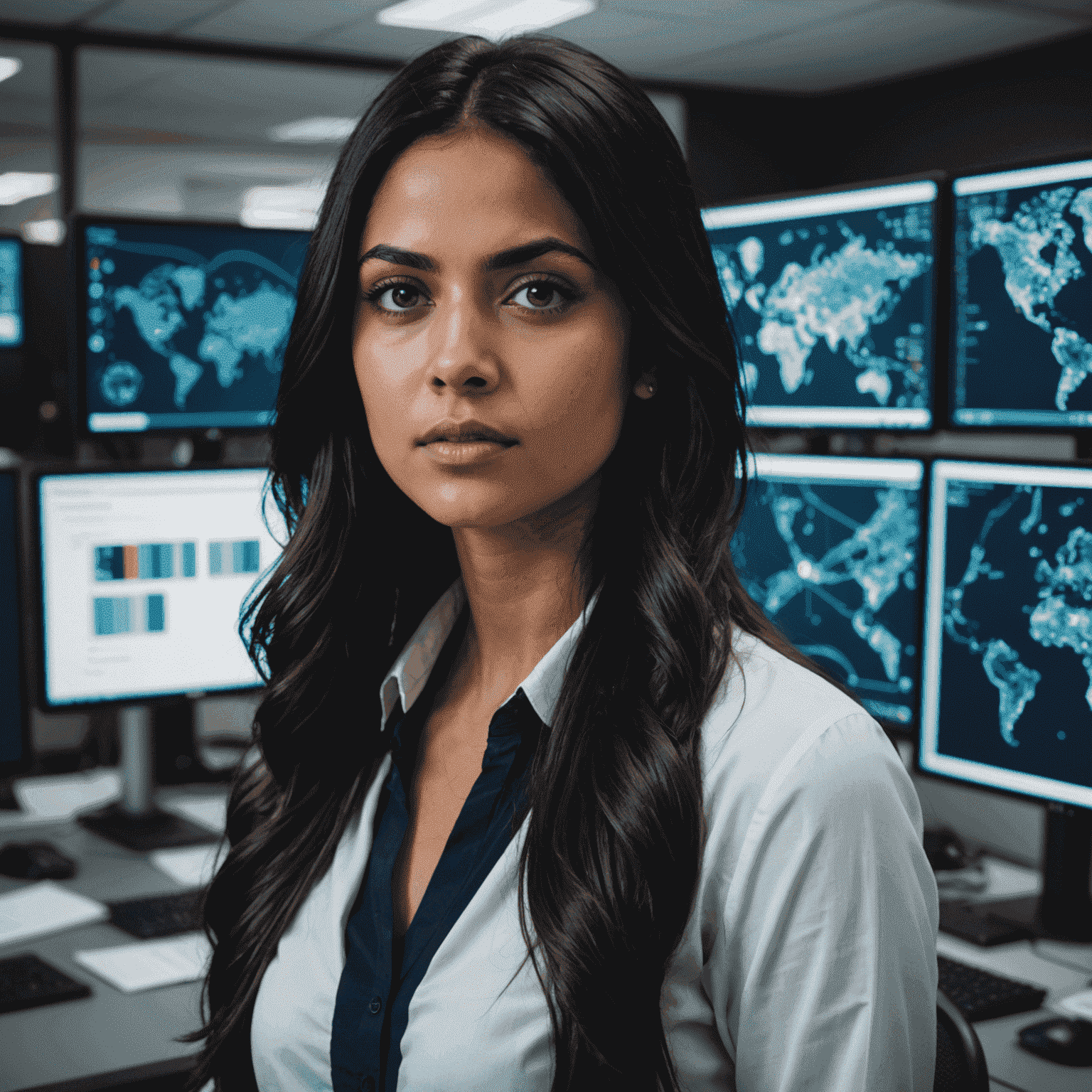 A portrait of Zara Patel, a woman in her late 20s with long dark hair and a determined expression. She's in a modern office setting, surrounded by multiple screens showing complex code and visual effects simulations.