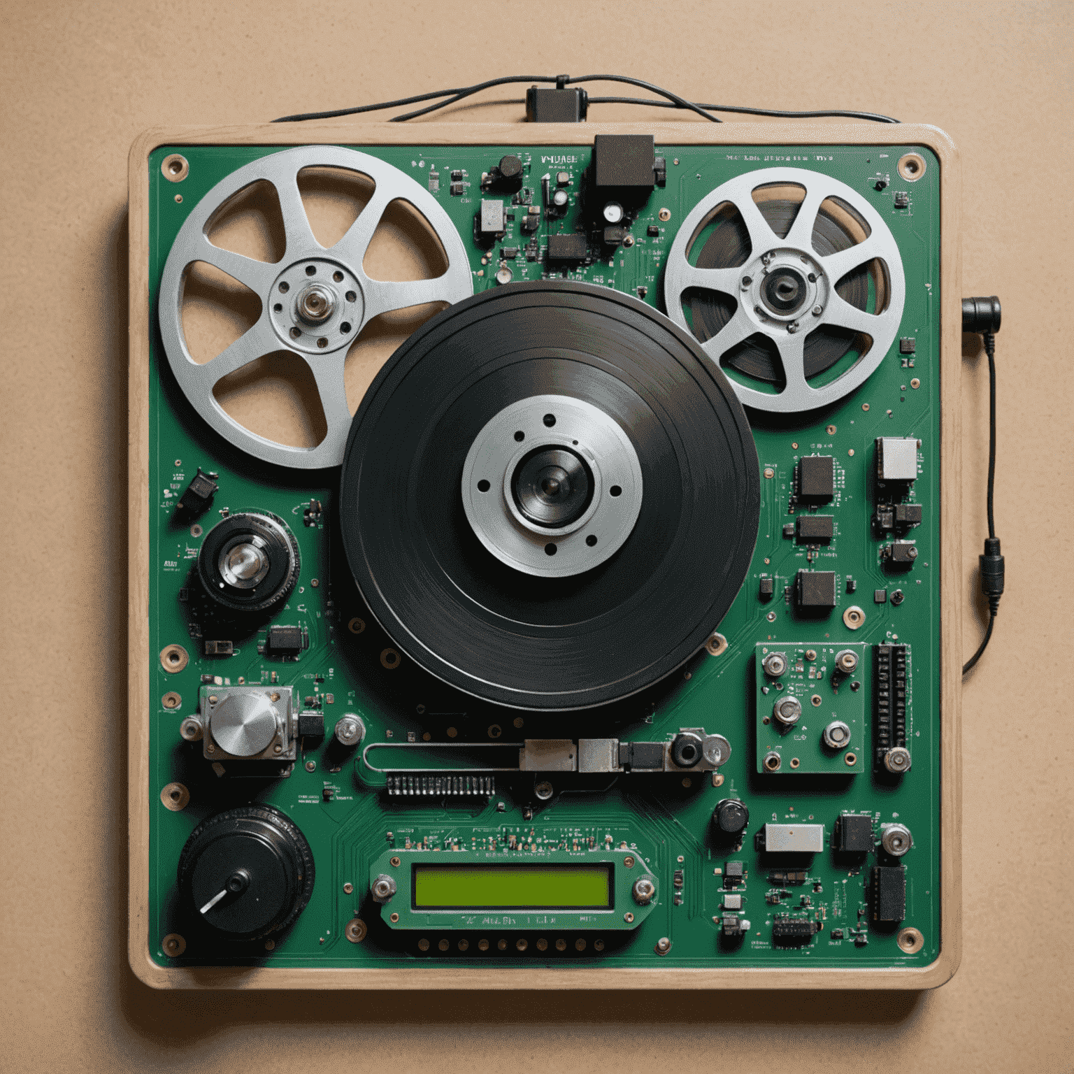 A balanced scale with a film reel on one side and a circuit board on the other, representing the balance between traditional filmmaking and AI technology.